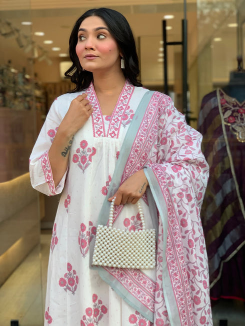 Alvami Women’s Pink Floral Printed A-Line Kurta Pant With Dupatta Set