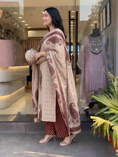 Alvami Women Maroon&Beige Viscose Printed Straight Kurta Set with Printed Palazzo Pants & Dupatta
