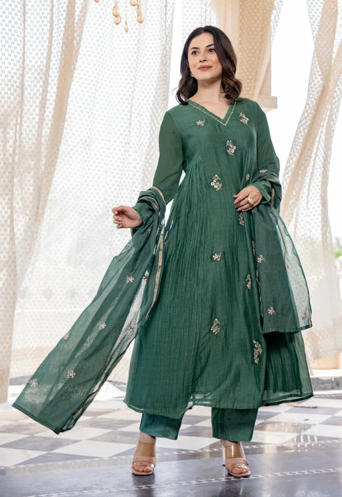 Alvami Women Silk Embroidery Kurta and Pant Set with Dupatta