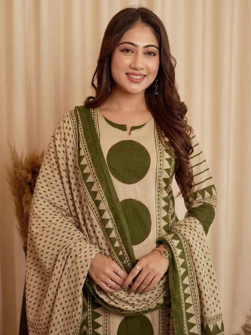 Alvami Women's Green & Beige Printed Viscose Straight Kurta Set with Dupatta | Trendy Ethnic Wear