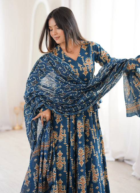 Alvami Women’s Blue Printed Angrakha Kurta Pant With Dupatta Set