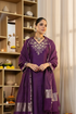 Alvami Women’s Purple Embroidered Straight Silk Kurta Pant With Dupatta Set