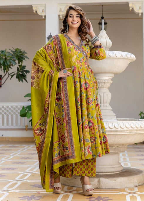 Alvami Women’s Yellow Printed Viscose Angrakha Kurta Set with Dupatta