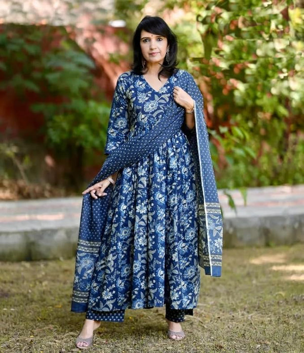 Alvami Womenβs Blue Viscose Floral Printed Anarkali Kurta Set with Dupatta
