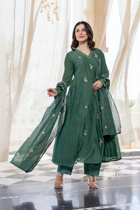 Alvami Women Green Embroidered Silk Anarkali Kurta Pant with Dupatta Set