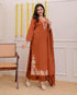 Alvami Women Rust Viscose Straight Kurta with Embroidered Neckline & Pant With Dupatta Set