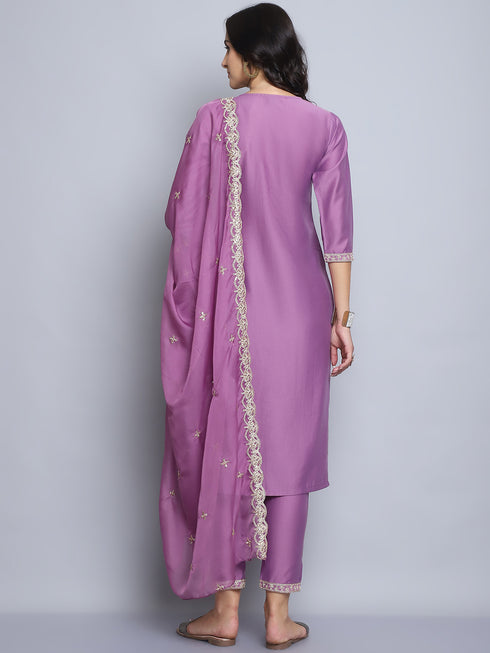 Pink Embroidery silk Kurta And Pant Set With Dupatta