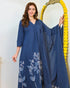 Alvami Women’s Blue Viscose A-Line Kurta with Floral Design & Pant With Dupatta Set