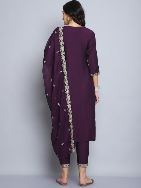 Wine Embroidery silk Kurta And Pant Set With Dupatta