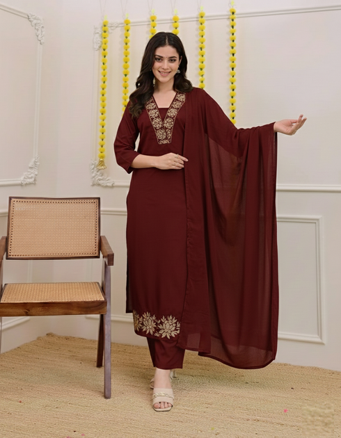 Alvami Women Maroon Viscose Straight Kurta with Embroidered Neckline & Pant With Dupatta Set