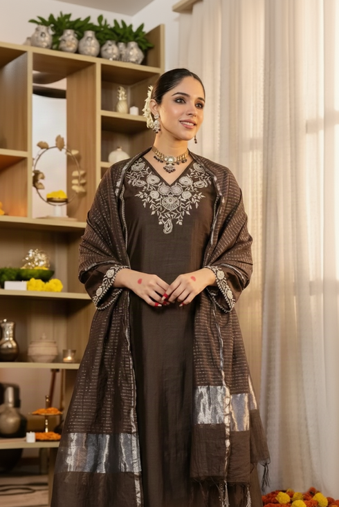 Alvami Women’s Brown Embroidered Straight Silk Kurta Pant With Dupatta Set