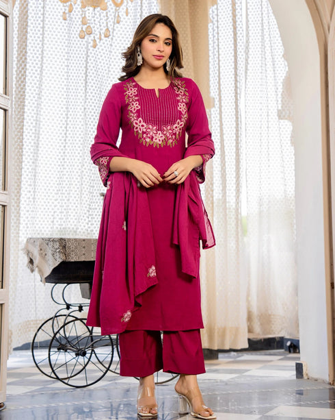 Alvami Women's Pink Embroidered Silk Anarkali Kurta Pant With Dupatta Set