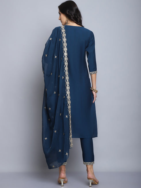 Navy Blue Embroidery silk Kurta And Pant Set With Dupatta