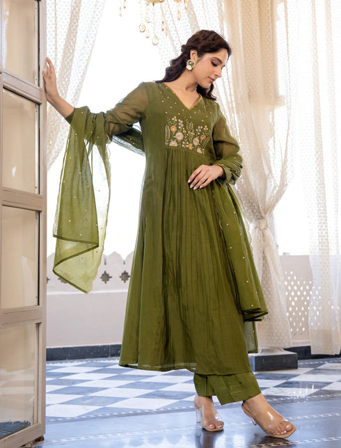 Alvami Women's Green Embroidered Silk Anarkali Suit Set with Dupatta | Premium Festive Wear