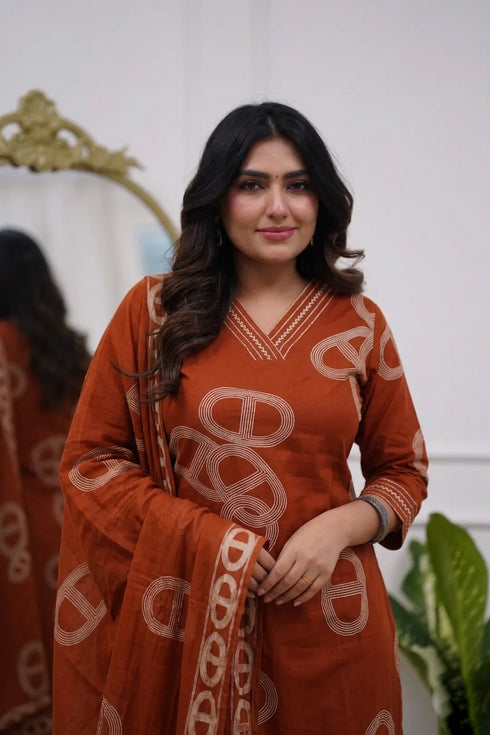 Alvami Women's Orange Viscose Printed Straight Kurta Pant with Dupatta Set