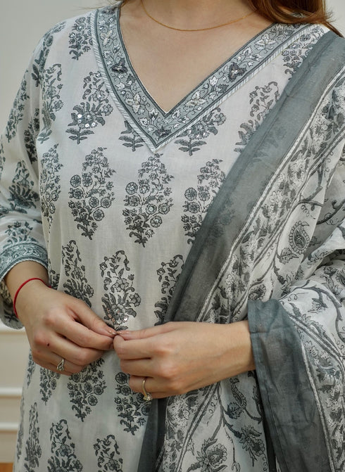 Black, White Printed Viscose Rayon Kurta, Pant And Dupatta Set