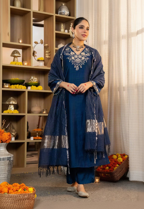 Alvami Women’s Blue Embroidered Straight Silk Kurta Pant With Dupatta Set