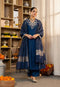 Alvami Women’s Blue Embroidered Straight Silk Kurta Pant With Dupatta Set