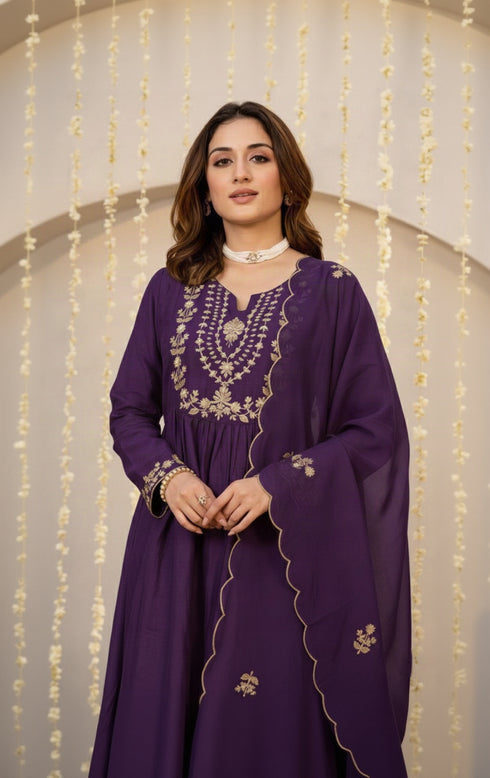 Alvami Women’s Premium Purple Silk Embroidered Anarkali Kurta Pant With Dupatta Set