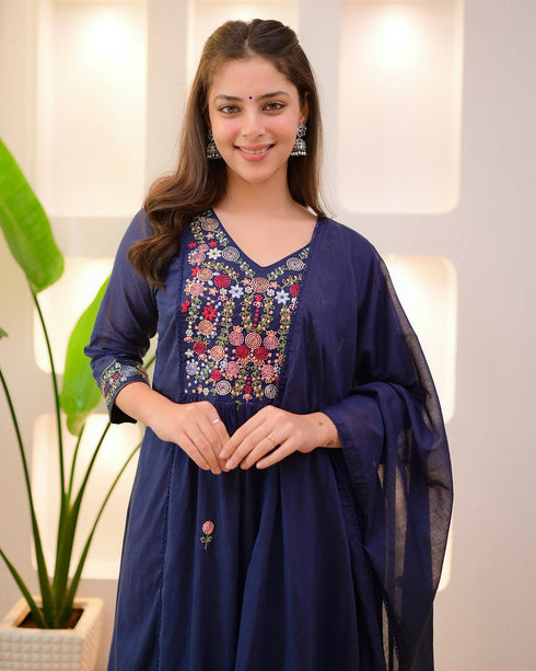 Alvami Women's Blue Embroidered Silk Anarkali Suit Set with Dupatta | Premium Festive Ethnic Wear