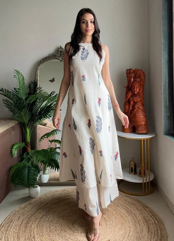 Women Pure Cotton Kurta Palazzo Set | Sleeveless Printed Kurta with Palazzo Pants | Summer Friendly, Office Wear Co-Ord Set
