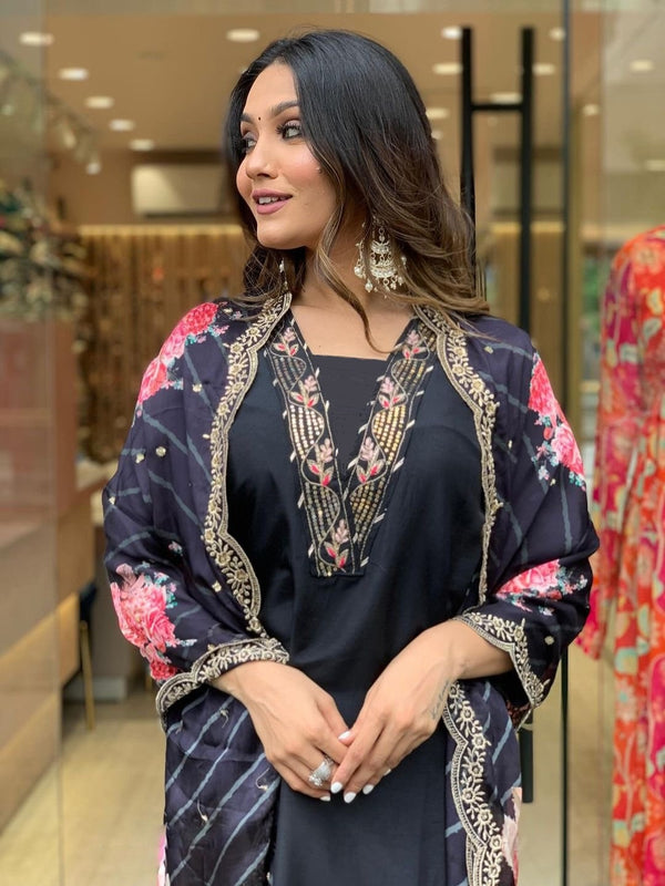 Viscose Black A-Line Kurta And Pant Set With Dupatta