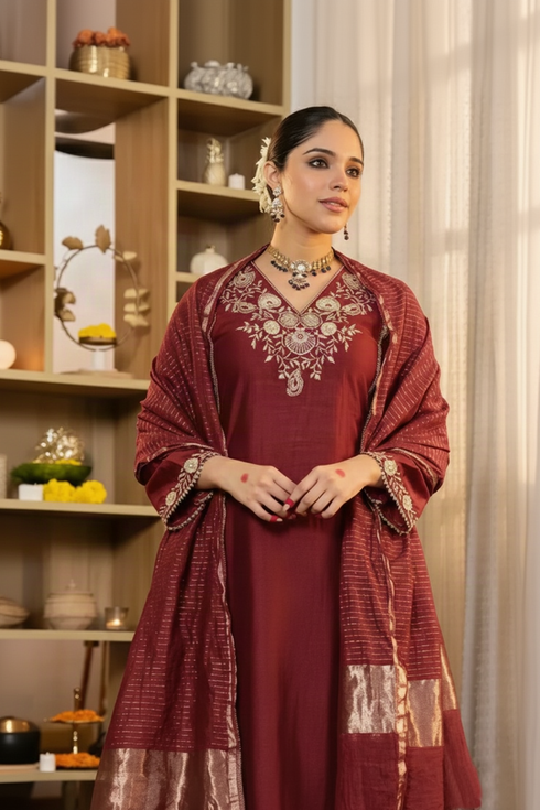 Alvami Women’s Maroon Embroidered Straight Silk Kurta Pant With Dupatta Set