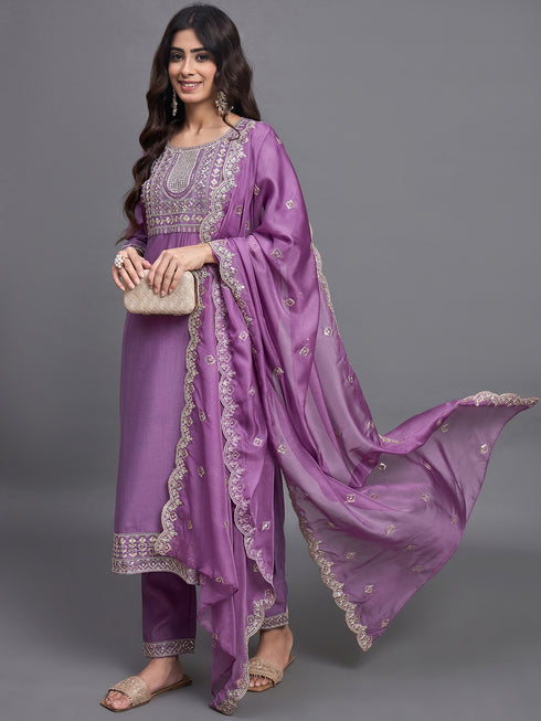 Pink Embroidery silk Kurta And Pant Set With Dupatta