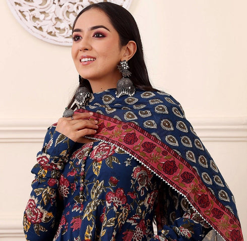 Women Blue Floral Printed Anarkali Kurta Pant Set with Dupatta