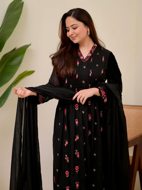 Alvami Women’s Black Silk Floral Embroidered Anarkali Kurta Pant with Dupatta Set