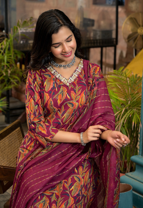 Red Embroidery Viscose Rayon Kurta, Pant And Dupatta Set
