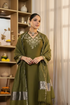 Alvami Women’s Green Embroidered Straight Silk Kurta Pant With Dupatta Set