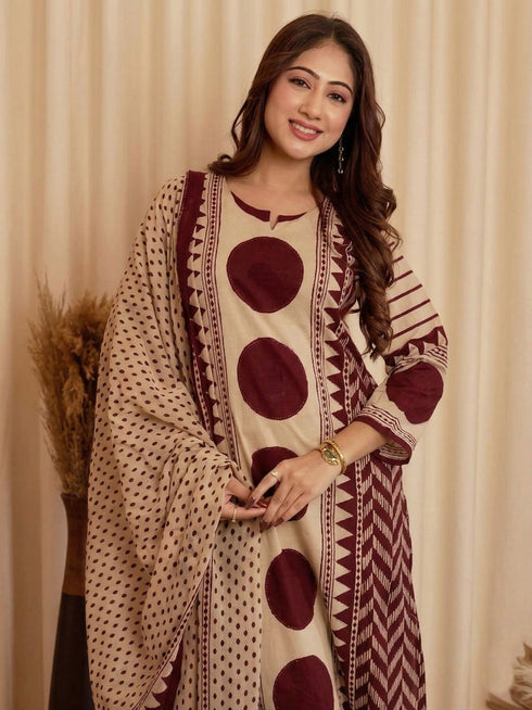 Alvami Women's Maroon & Beige Printed Viscose Straight Kurta Set with Dupatta | Trendy Ethnic Wear