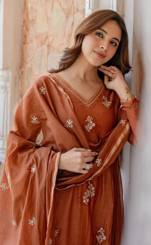 Alvami Women Orange Embroidered Silk Anarkali Kurta Pant with Dupatta Set