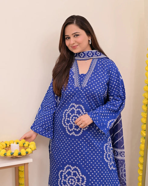 Alvami Women’s Blue Bandhani Print A-Line Kurta Pant With Dupatta Set