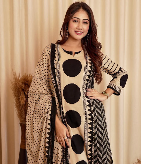 Alvami Women's Black & Beige Printed Viscose Straight Kurta Set with Dupatta | Trendy Ethnic Wear