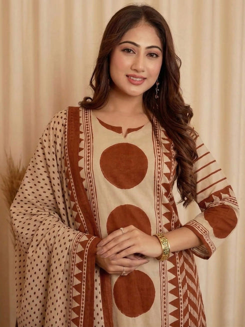 Alvami Women's Rust & Beige Printed Viscose Straight Kurta Set with Dupatta | Trendy Ethnic Wear