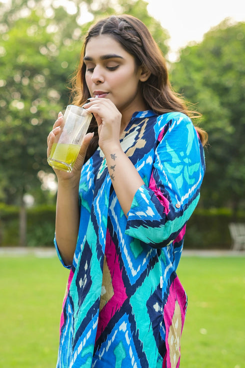Women Cotton Printed Mandarain Collar Cord Set