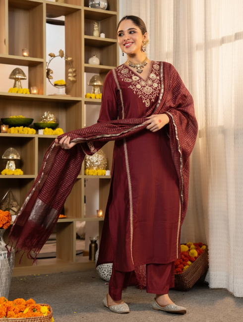 Alvami Women’s Maroon Embroidered Straight Silk Kurta Pant With Dupatta Set