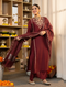 Alvami Women’s Maroon Embroidered Straight Silk Kurta Pant With Dupatta Set