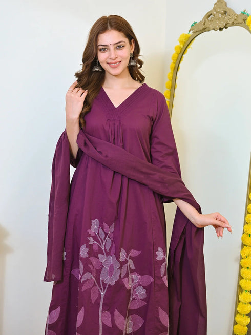 Alvami Women’s Wine Viscose A-Line Kurta with Floral Design & Pant With Dupatta Set