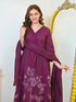 Alvami Women’s Wine Viscose A-Line Kurta with Floral Design & Pant With Dupatta Set