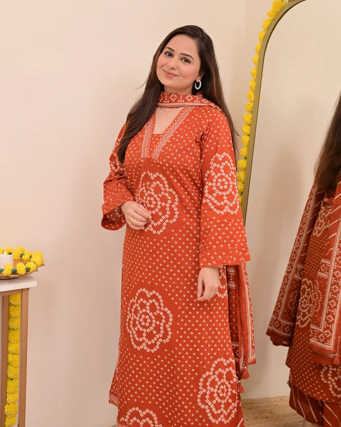 Alvami Women’s Orange Bandhani Print A-Line Kurta Pant With Dupatta Set