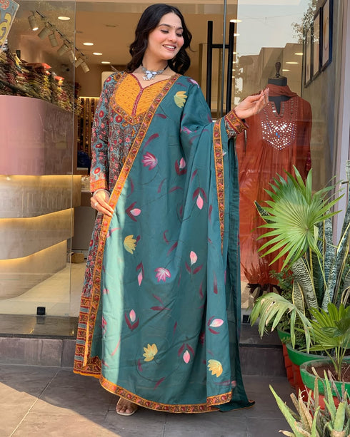 Alvami Women’s Viscose Floral Printed Anarkali Kurta Pant with Dupatta Set