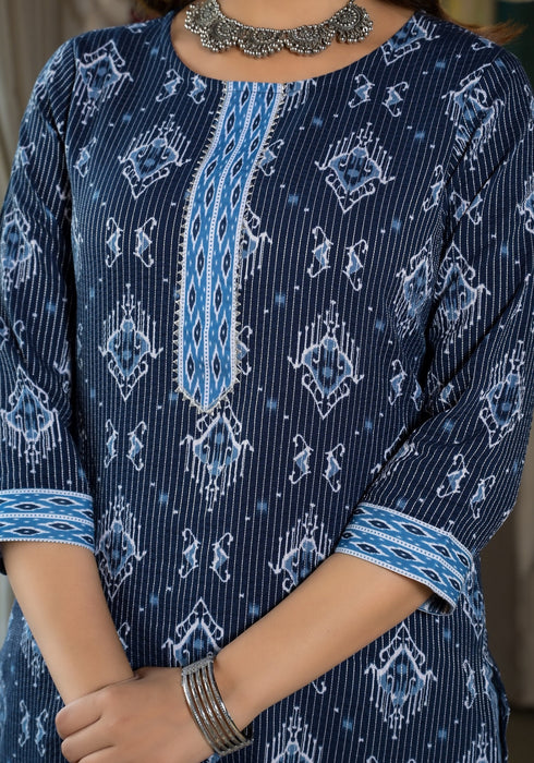 Blue Embroidery Viscose Rayon Kurta, Pant And Dupatta Set