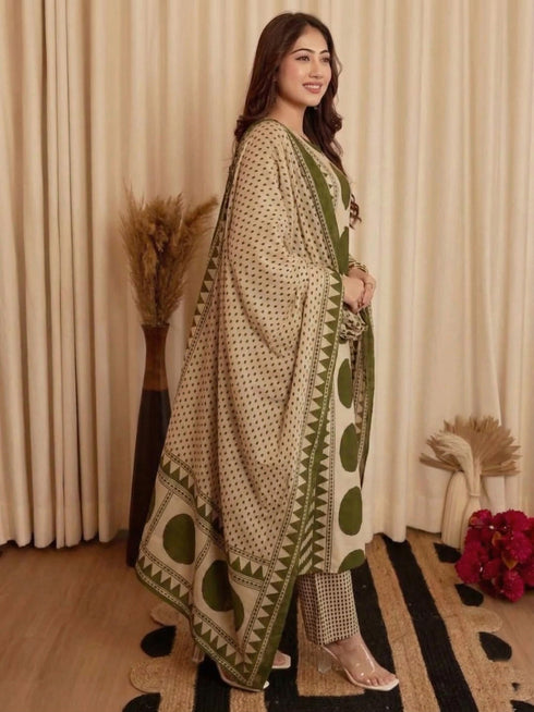 Alvami Women's Green & Beige Printed Viscose Straight Kurta Set with Dupatta | Trendy Ethnic Wear