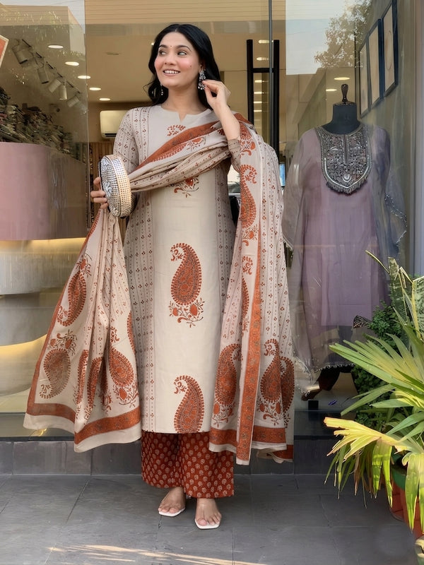Alvami Women Rust&Beige Viscose Printed Straight Kurta Set with Printed Palazzo Pants & Dupatta