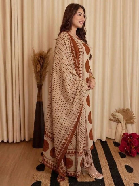 Alvami Women's Rust & Beige Printed Viscose Straight Kurta Set with Dupatta | Trendy Ethnic Wear
