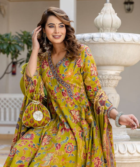 Alvami Women’s Yellow Printed Viscose Angrakha Kurta Set with Dupatta