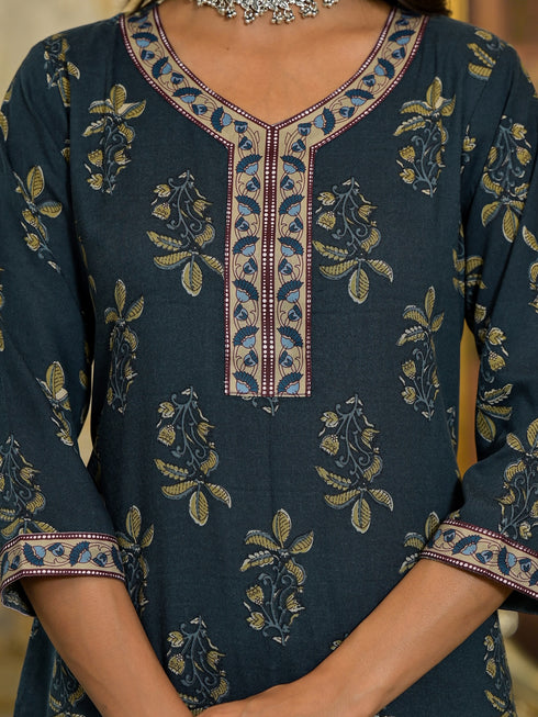 Navy Blue Embroidery Viscose Rayon Kurta, Pant And Dupatta Set